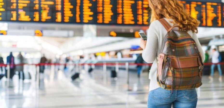 woman walking in the airport with a cellphone