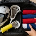 neatly packed lacrosse gear with helmet, sticks, and folded uniforms
