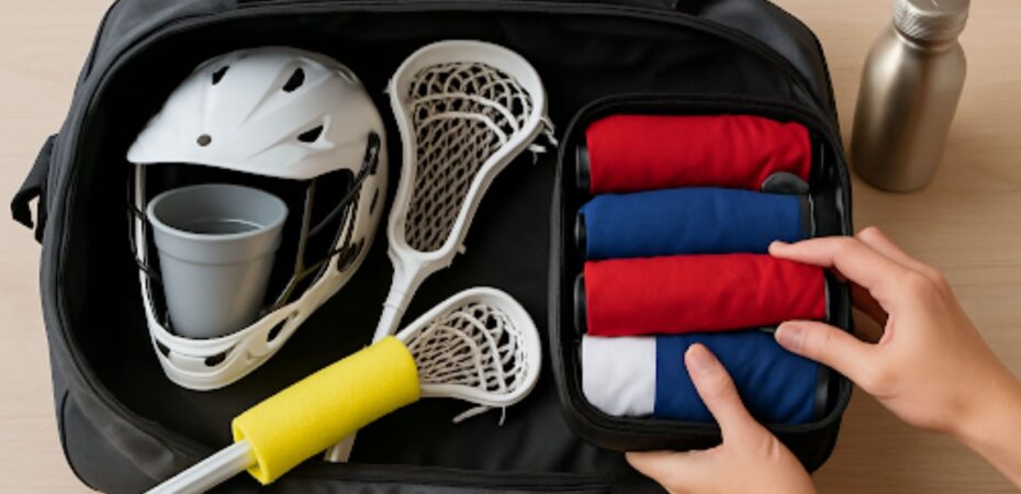 neatly packed lacrosse gear with helmet, sticks, and folded uniforms