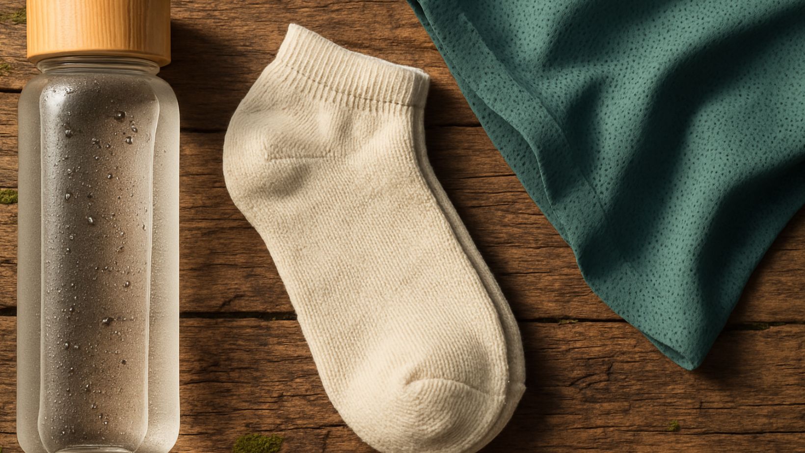 flatlay of gym essentials, including a water bottle, socks, and shorts