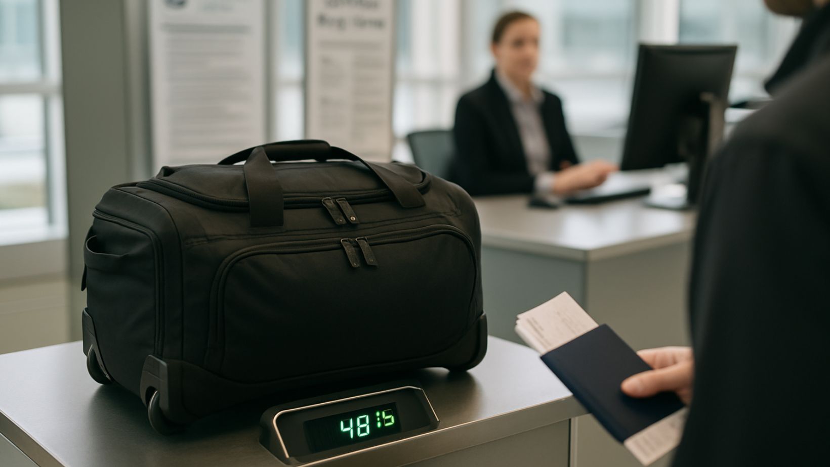 small black suitcase being weighed at airport check-in counter