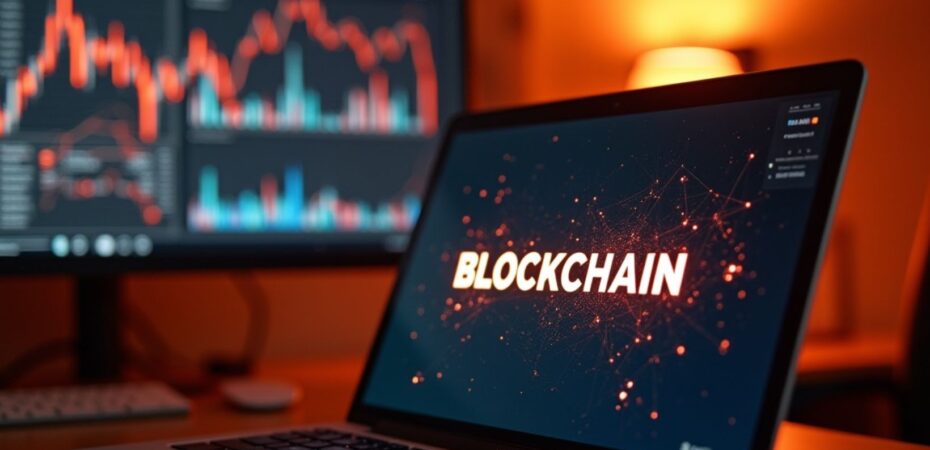 A laptop with a presentation about blockchain on its screen.png