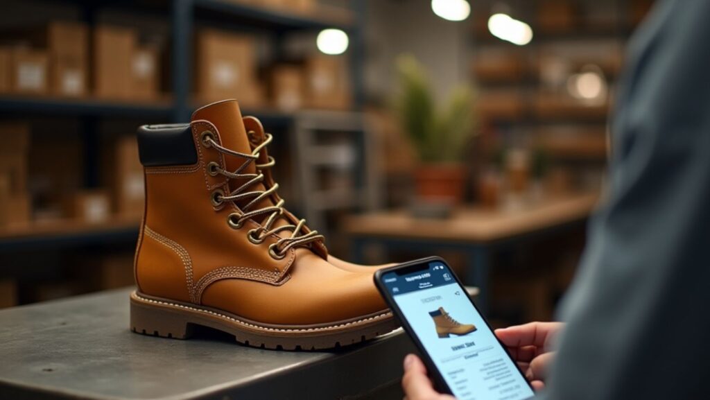  A person with a phone is using blockchain to verify the authenticity of the shoes he just is planning to purchase.
