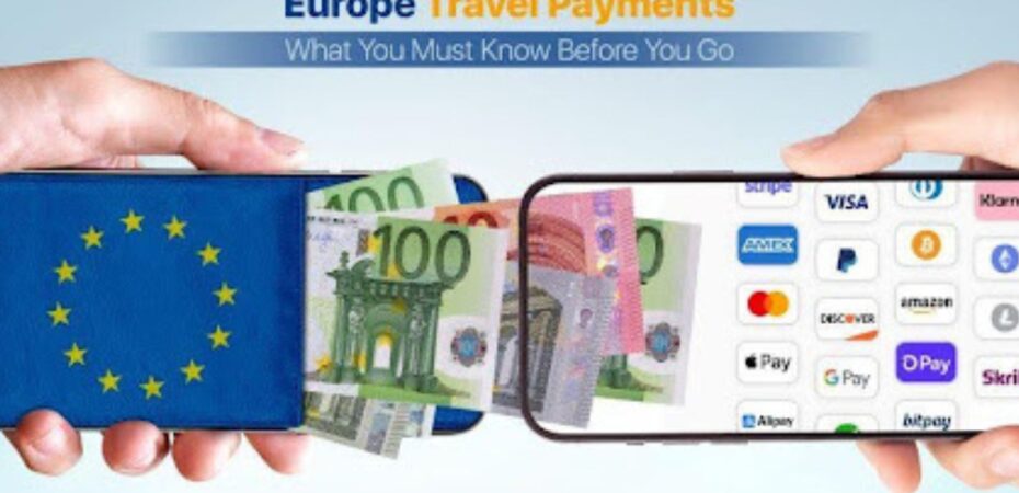 Hands holding a wallet with euro banknotes and a smartphone displaying various digital payment methods, illustrating payment options for travelers in Europe.