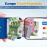 Hands holding a wallet with euro banknotes and a smartphone displaying various digital payment methods, illustrating payment options for travelers in Europe.