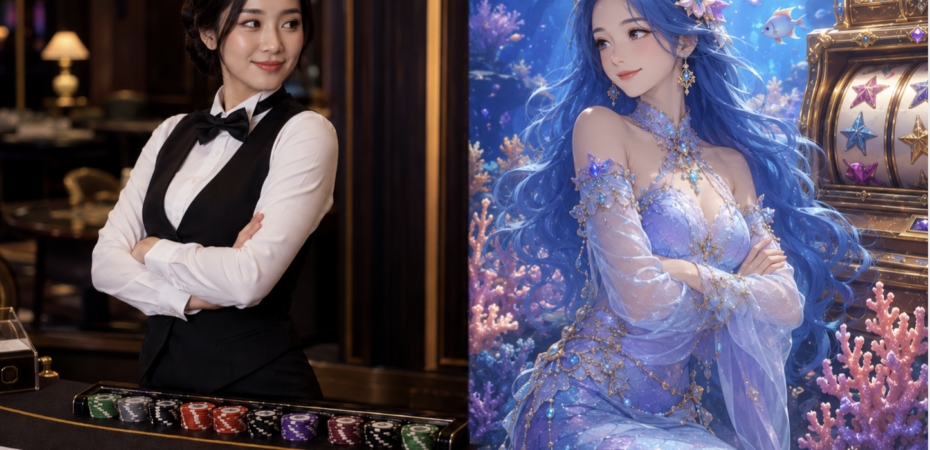 Casino dealer and mermaid character face off in a split-screen scene with cards, chips, slot gems and treasure.