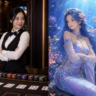 Casino dealer and mermaid character face off in a split-screen scene with cards, chips, slot gems and treasure.